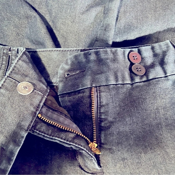 editor,6, indigo blue wide leg capri w/a slight satin finish offset button close - Picture 3 of 7